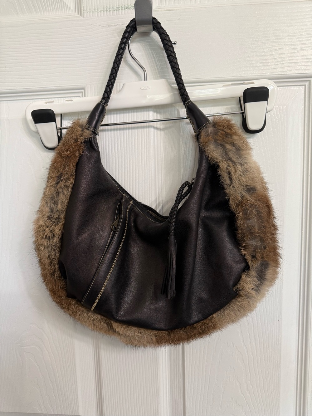 MAXX New York Genuine Leather Faux Fur Hobo Shoulder Bag Black Y2K Boho Festival